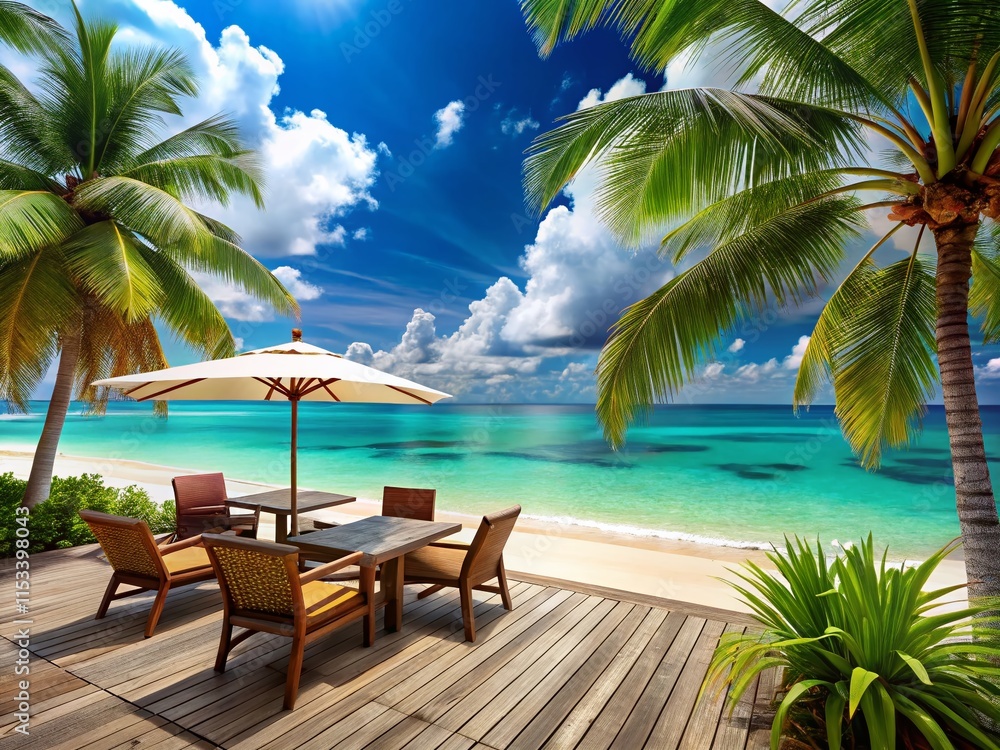 Fototapeta premium Tropical Beach Terrace Paradise: White Sand, Ocean Waves, Vacation Relaxation