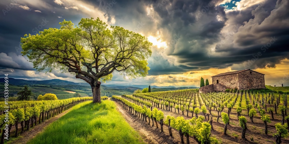 Naklejka premium Tuscan Spring: Vineyard & Cottonwood, Early Season Sunlight