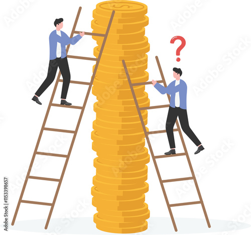 A businessman climbs a ladder to reach the top of a cliff. Another businessman has a short ladder to reach the top,
