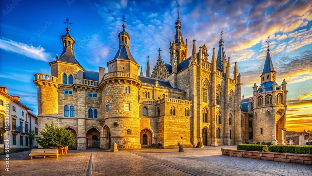 Fototapeta premium Astorga Episcopal Palace: Majestic Spanish Architecture & Cobblestone Streets