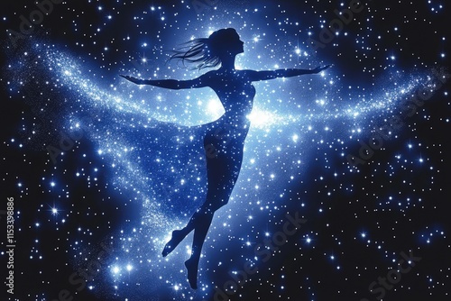 A silhouette of a woman dances gracefully among a backdrop of swirling cosmic stars and galaxies, embodying the essence of freedom and imagination.