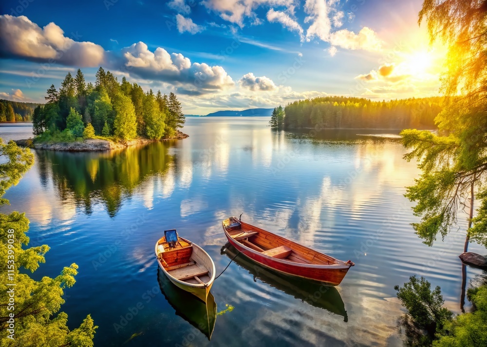 Two Finnish Fishing Boats Meet on Lake Saimaa's Calm Waters, Sunny Summer Day