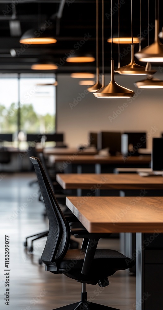 Modern office space with wooden desks and stylish lighting. Modern office space with wooden desks and stylish lighting.