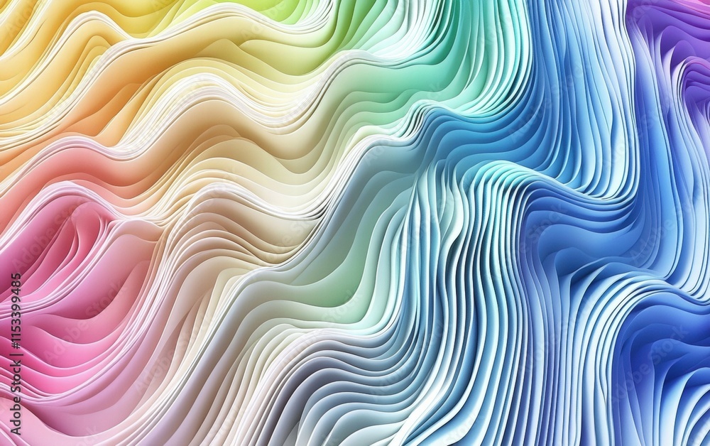 Fototapeta premium A dynamic 3D wave pattern in gradient rainbow colors, creating depth and movement on a white background