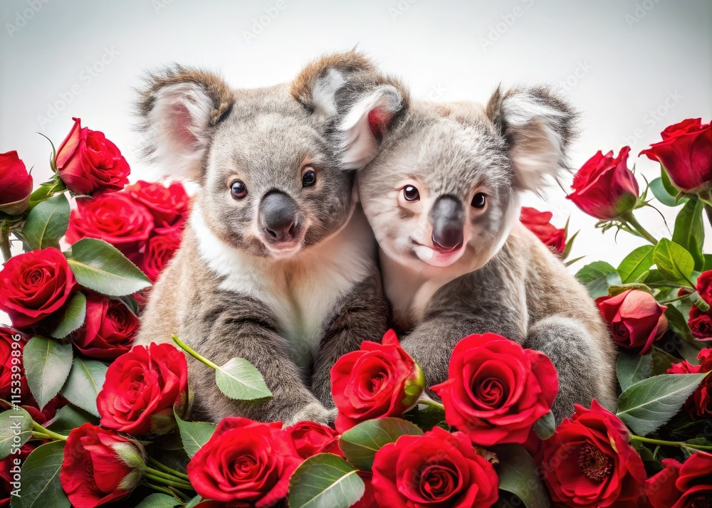 Adorable koala couple cuddles amidst white roses for a charming Valentine's Day. Adorable koala couple cuddles amidst white roses for a charming Valentine's Day.