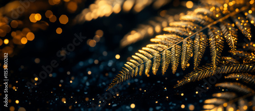 Golden fern leaf on black background, postcard template