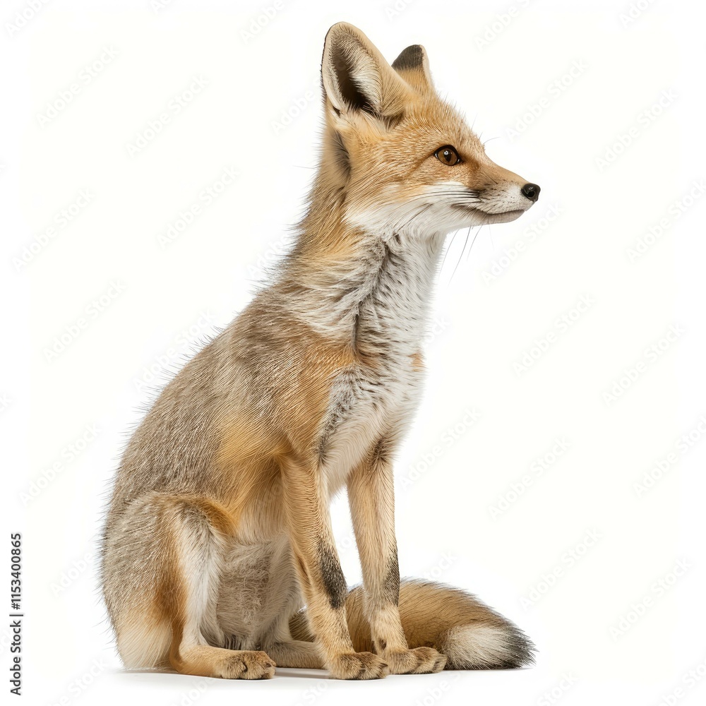 Fototapeta premium Studio shot of a red fox sitting and looking aside on white background