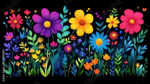 Vibrant colorful flowers on black background.