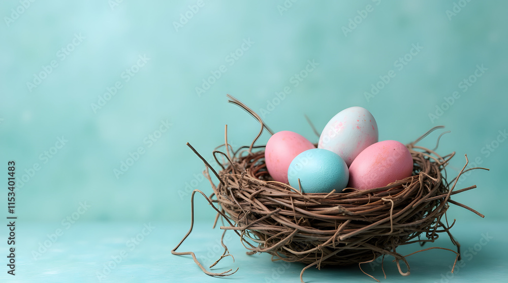 Nest with Pink and Blue Easter Eggs on a Blue Textured Background