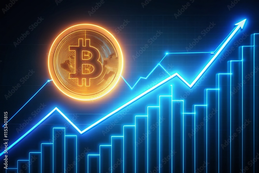 Bitcoin Price Surge: Minimalist Neon Cryptocurrency Graph & Golden Coin Bitcoin Price Surge: Minimalist Neon Cryptocurrency Graph & Golden Coin
