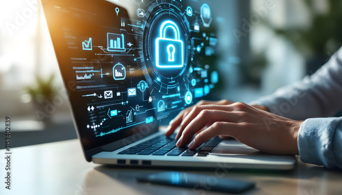 Online Security and Data Protection on Laptop, Cybersecurity and Secure Communication, Laptop with Digital Security Icons Overlay