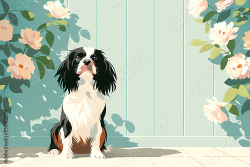 pet portraits, king charles spaniel poised gracefully in a peaceful garden, embraced by vibrant blossoms
