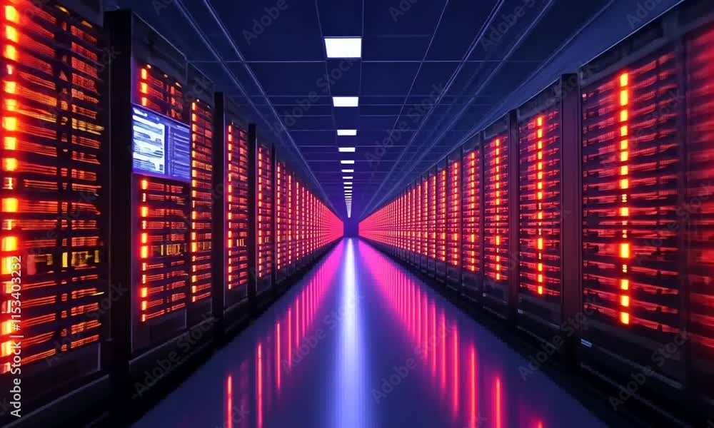Cyberpunk-style server room with glowing racks and a lone technician working on a laptop. Cyberpunk-style server room with glowing racks and a lone technician working on a laptop.