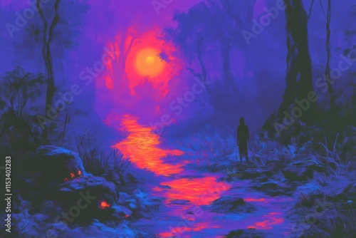A silhouette of a person stands by a glowing river at sunset, enveloped by vibrant purple and orange hues in a mystical forest.