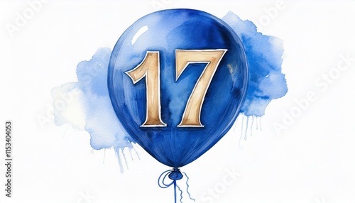Blue birthday / anniversary balloon, number 17, watercolor painting with white background