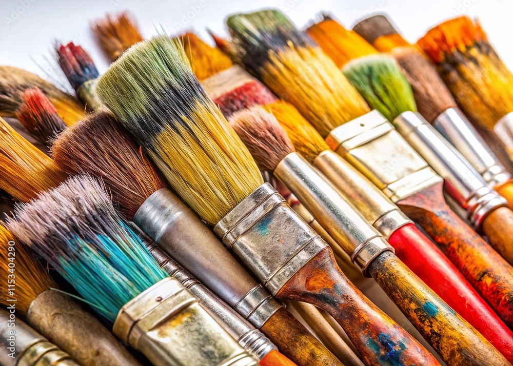 Fototapeta premium Used Paintbrushes on White Background - Artistic Still Life Photography
