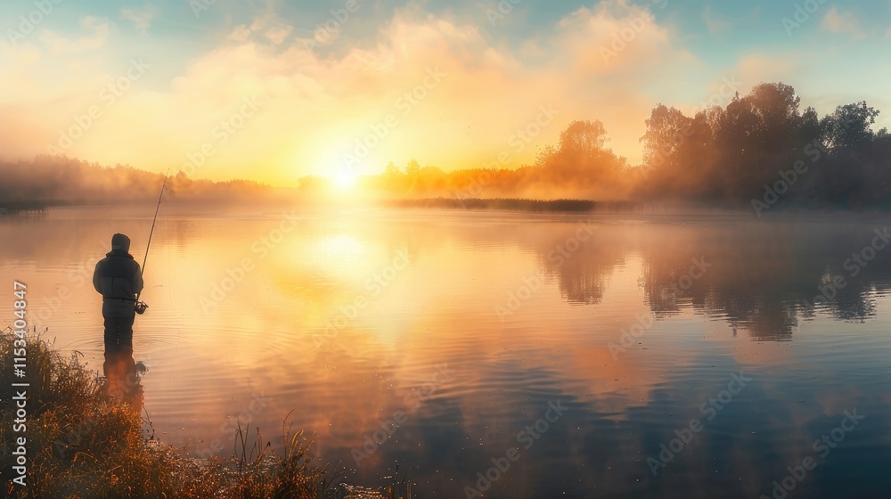 A man fishing at a tranquil lake at dawn, with mist rising from the water and the first light of day breaking the horizon A man fishing at a tranquil lake at dawn, with mist rising from the water and the first light of day breaking the horizon