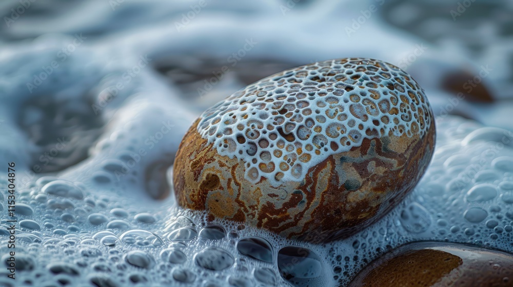 A macro shot of a single sea stone with intricate patterns and textures, wet from the ocean spray A macro shot of a single sea stone with intricate patterns and textures, wet from the ocean spray