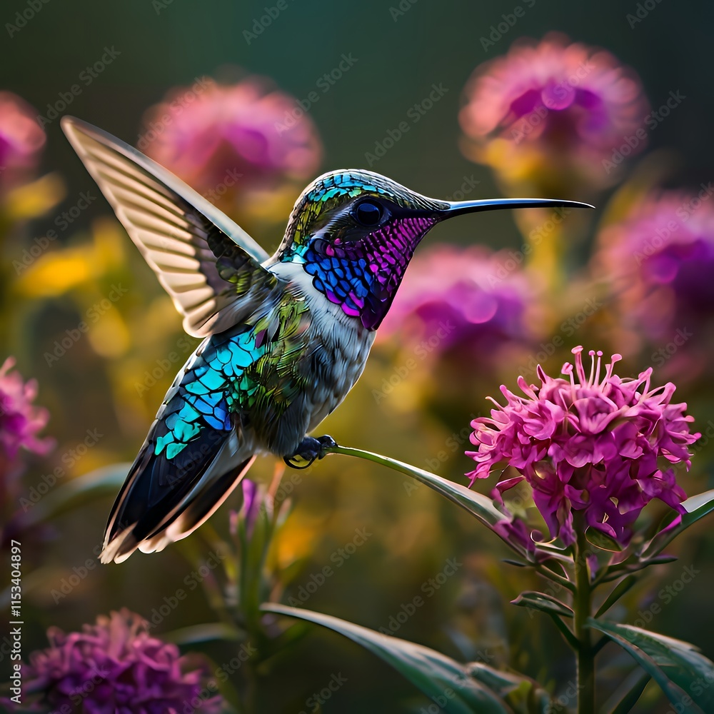 Obraz premium Hummingbird Feeding on Vibrant Pink Flowers