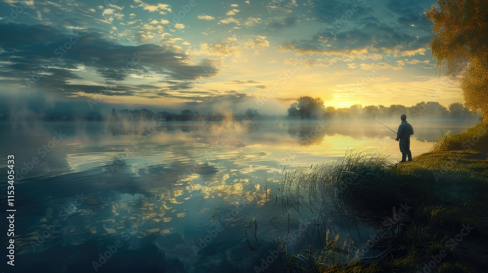 Fototapeta premium A man fishing at a tranquil lake at dawn, with mist rising from the water and the first light of day breaking the horizon