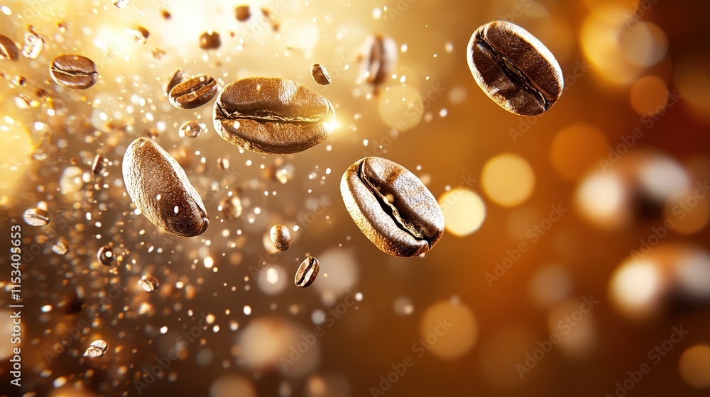 Close-Up of Flying Coffee Beans with Warm Golden Lighting Close-Up of Flying Coffee Beans with Warm Golden Lighting