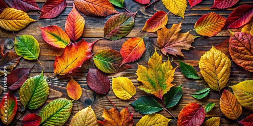 Fototapeta premium Vibrant Autumn Leaves Pattern on Rustic Wooden Table, Food Photography Background