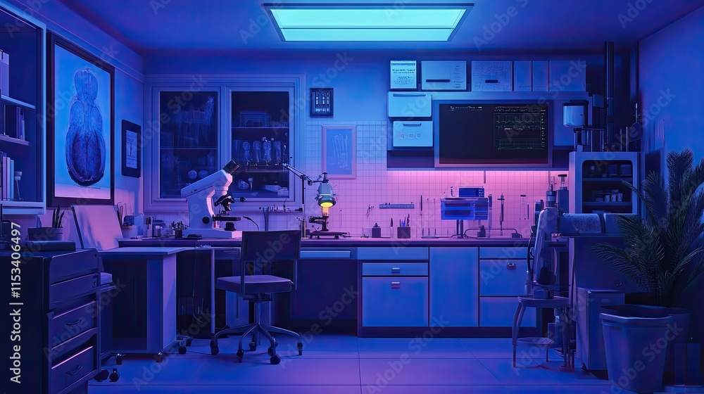 Modern, dimly lit laboratory at night with microscopes, equipment, and plants. Modern, dimly lit laboratory at night with microscopes, equipment, and plants.