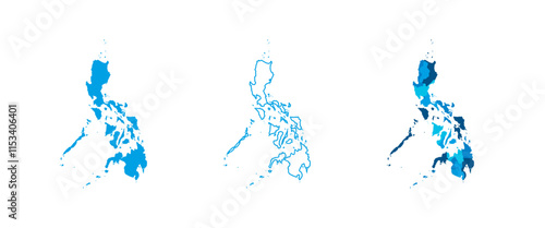 Philippines set of three maps - solid map, outline map and map highlighting administrative divisions. Three distinct maps illustrate various representations of a geographical area.