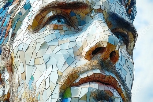 A close-up of a male face made of colorful mosaics, showcasing intricate details and textures, with striking blue eyes and an artistic expression.
