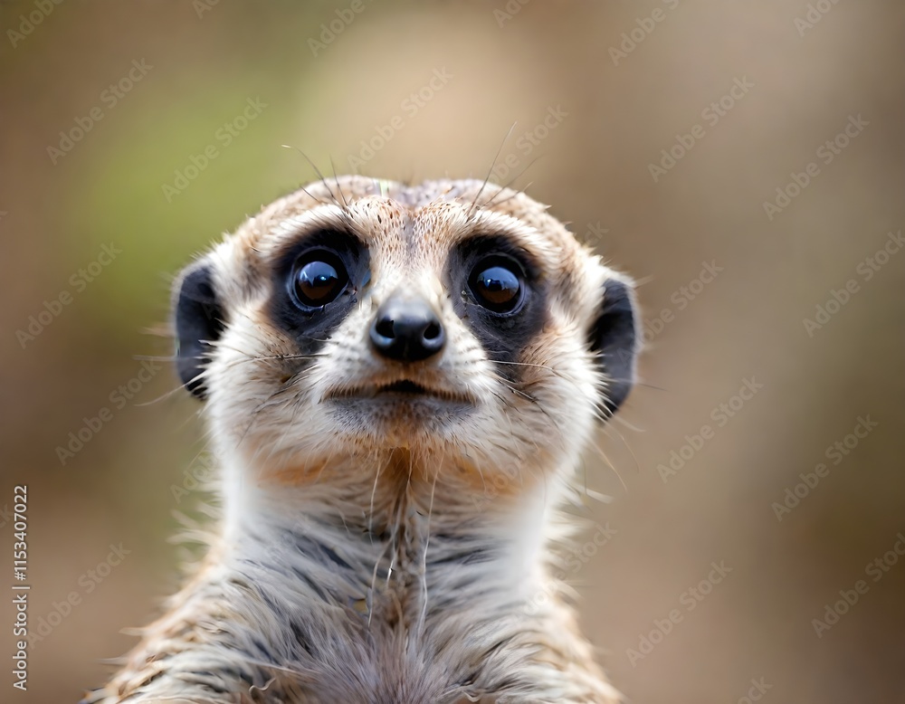 Fototapeta premium A close-up portrait of a curious meerkat with large eyes and a furry face, set against a blurred natural background