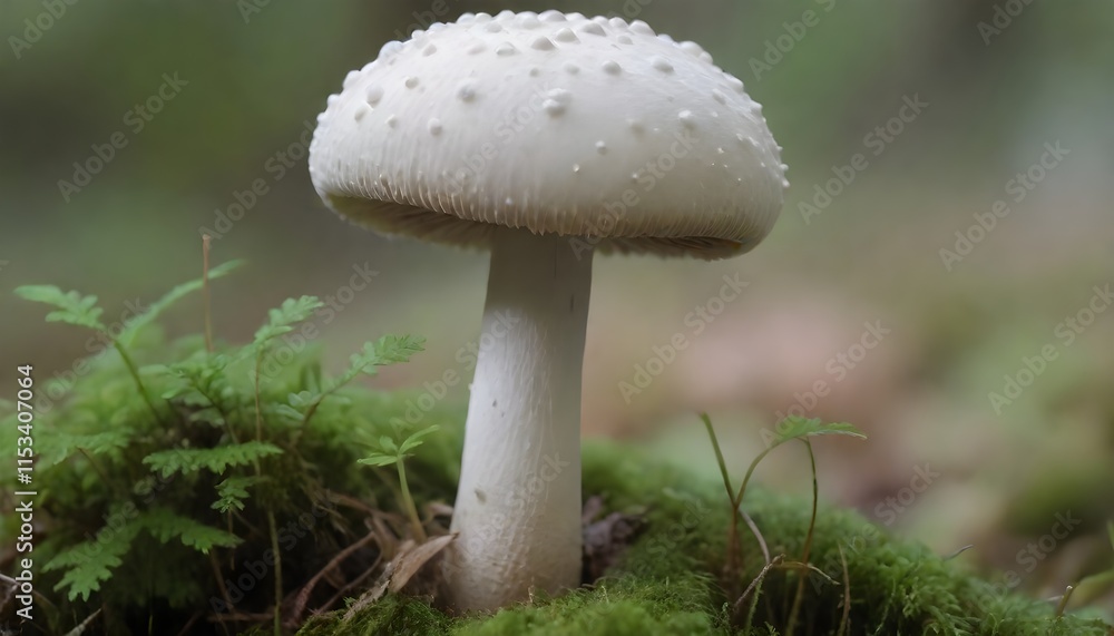 A mushroom with a rounded, bumpy cap growing in a mossy, environment A mushroom with a rounded, bumpy cap growing in a mossy, environment