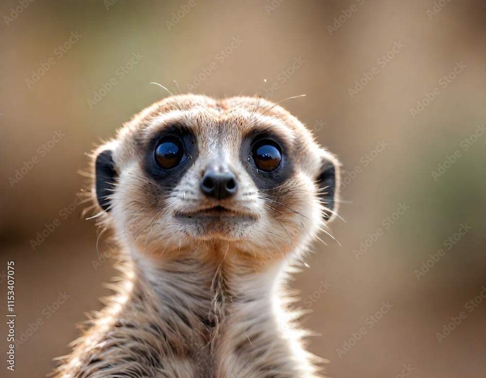 A close-up portrait of a curious meerkat with large eyes and a furry face, set against a blurred natural background A close-up portrait of a curious meerkat with large eyes and a furry face, set against a blurred natural background