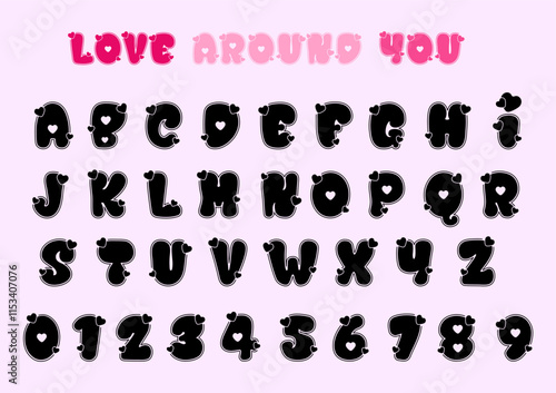 Love Decorative Font Alphabet, Cute Valentine Heart Font Alphabet, letter of alphabet set, Valentine's Day theme, Typography typeface uppercase and number, Love Around You Font, Vector illustration