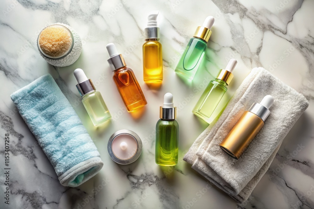 Elegant marble countertop showcases cosmetic bottles and washcloth, bathed in soft, low-light ambiance. Elegant marble countertop showcases cosmetic bottles and washcloth, bathed in soft, low-light ambiance.