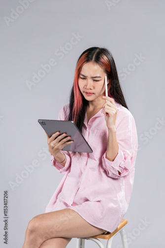 Serious and stressed young Asian woman focusing on work using her laptop.