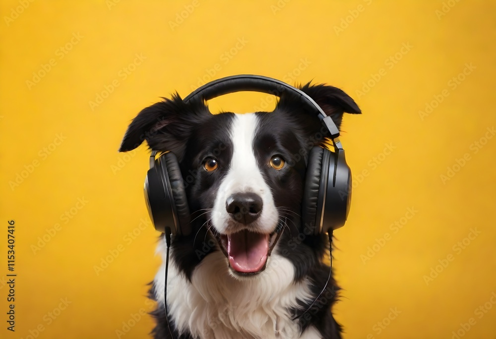 A dog wearing large headphones against a bright background A dog wearing large headphones against a bright background