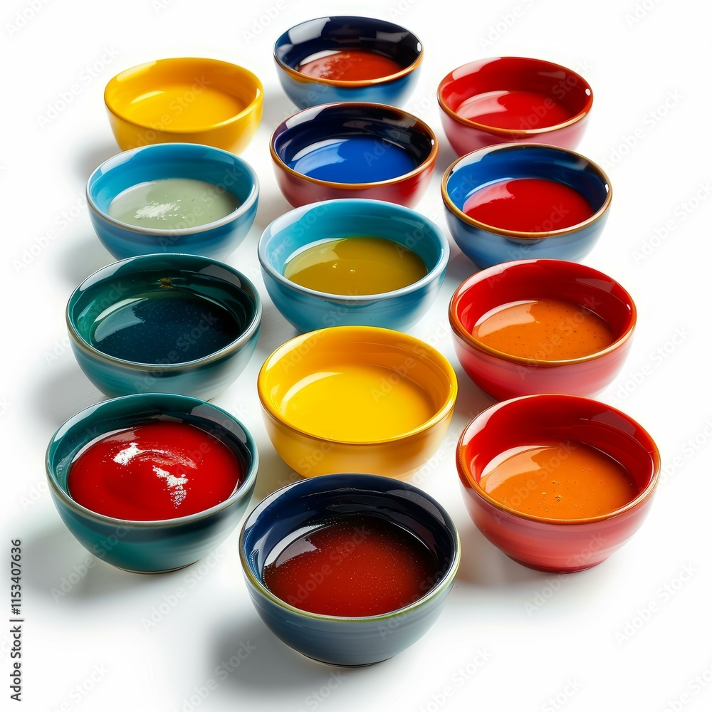 Array of colorful sauces in small bowls, offering a diverse range of flavors for culinary exploration Array of colorful sauces in small bowls, offering a diverse range of flavors for culinary exploration