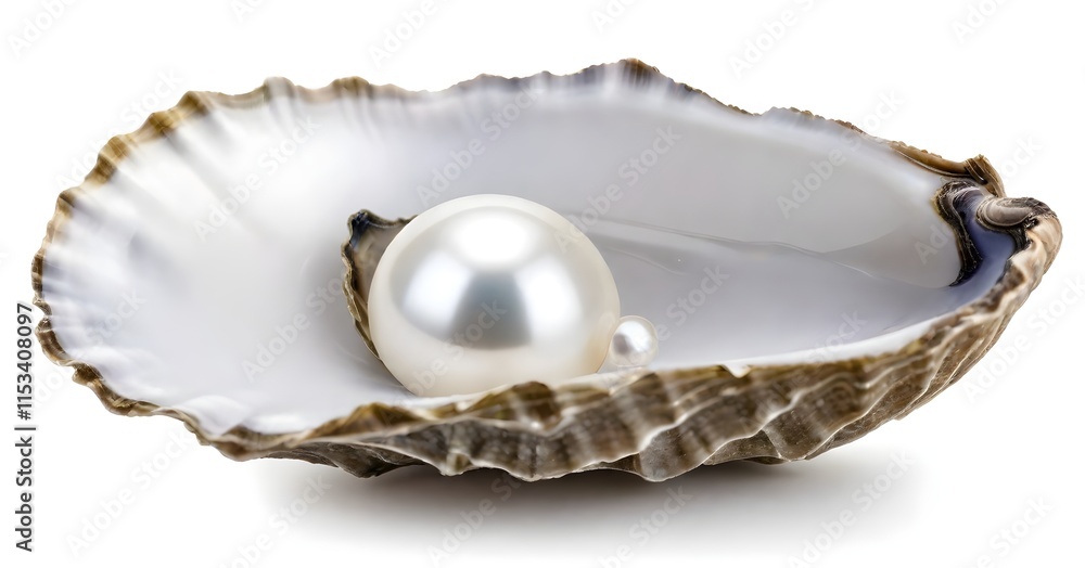 A single white pearl nestled inside an open oyster shell on a white background A single white pearl nestled inside an open oyster shell on a white background