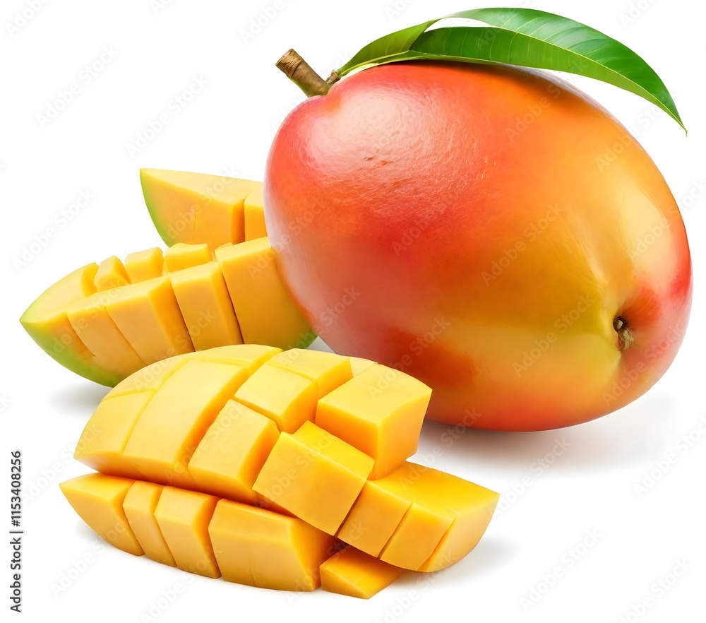 A ripe mango with sliced pieces, a green leaf, and a vibrant yellow and orange color scheme A ripe mango with sliced pieces, a green leaf, and a vibrant yellow and orange color scheme