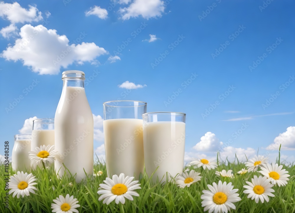 Bottles of milk and glasses of milk in a grassy field with daisies, against a blue sky with clouds Bottles of milk and glasses of milk in a grassy field with daisies, against a blue sky with clouds