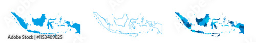 Indonesia set of three maps - solid map, outline map and map highlighting administrative divisions. Three distinct maps illustrate various representations of a geographical area.