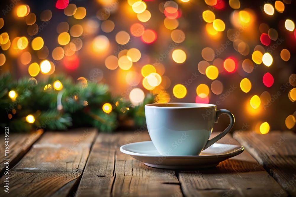 Fototapeta premium Christmas Coffee Mug Mockup: Silhouette of White Cup on Rustic Wooden Table with Festive Background