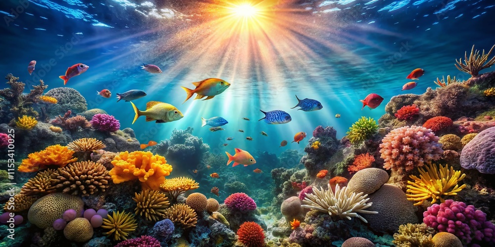 Naklejka premium Vibrant Coral Reef Underwater Scene with Sunbeams - Stock Photo