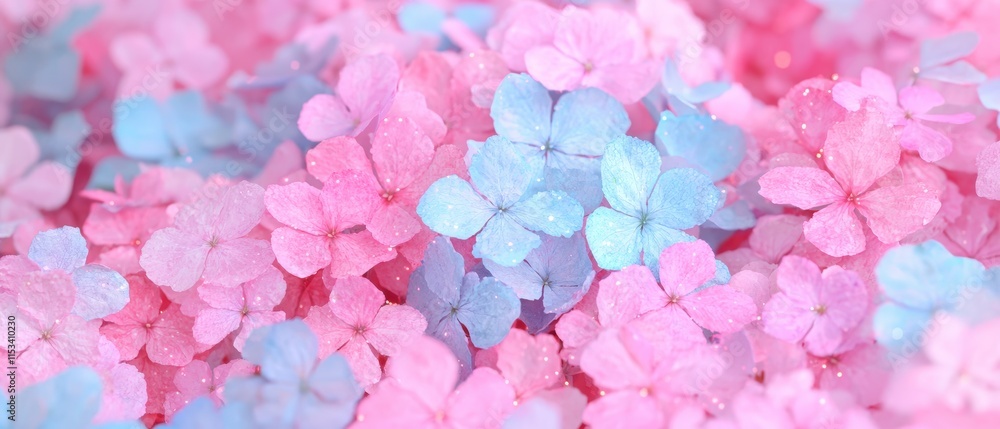 Fototapeta premium Pastel Pink Blue Hydrangea Blooms Floral Background Texture