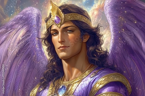 A regal male angel with flowing dark hair and purple wings, adorned in intricate golden armor, exudes a divine presence and serenity. photo