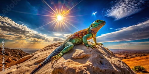 Vibrant Desert Lizard Sunbathing: Panoramic Rock Formation Landscape