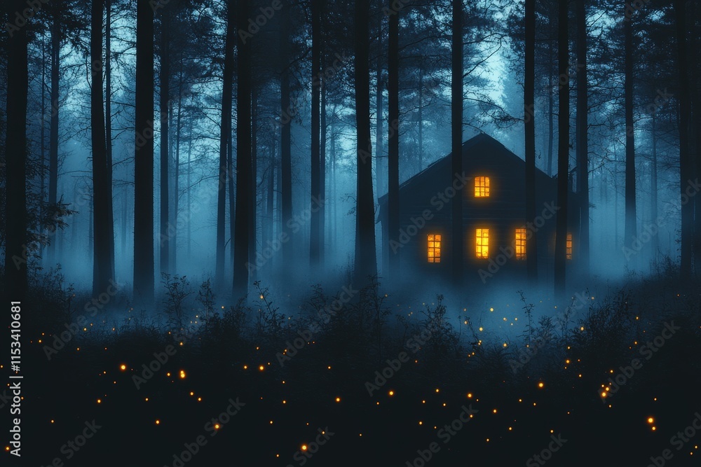 A mysterious cabin in the woods at dusk, glowing warmly as fireflies dance in the cool, misty air. A mysterious cabin in the woods at dusk, glowing warmly as fireflies dance in the cool, misty air.