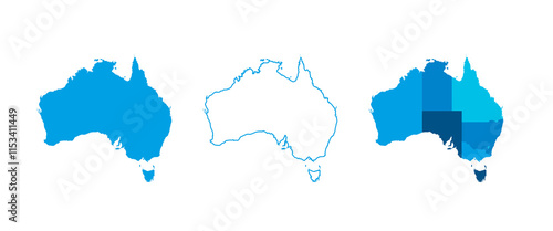 Australia set of three maps - solid map, outline map and map highlighting administrative divisions. Three distinct maps illustrate various representations of a geographical area.