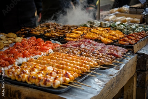 Delicious grilled meats and vegetables on skewers at a food stall.