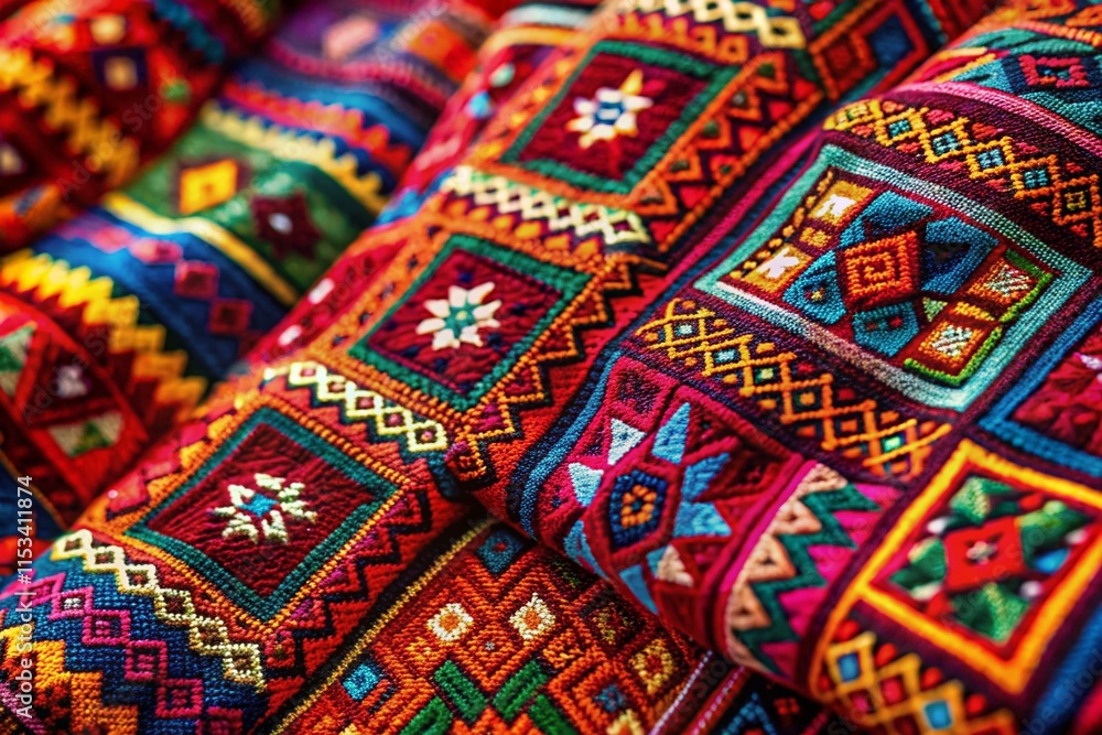 Vibrant Geometric Textile Design: Rich Colors & Traditional Patterns Stock Photo Vibrant Geometric Textile Design: Rich Colors & Traditional Patterns Stock Photo